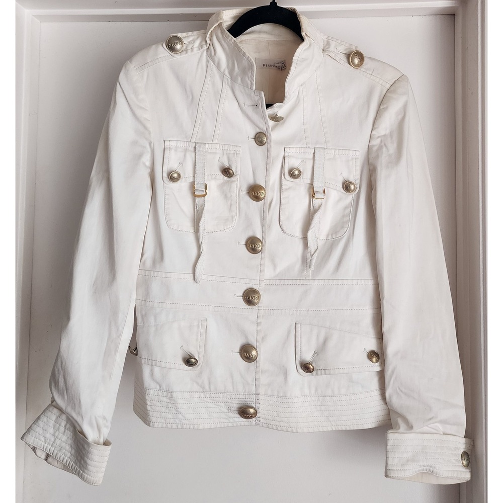 Pinko Italy Women Jacket Size 42 White Solid Casual Military Collared Vintage